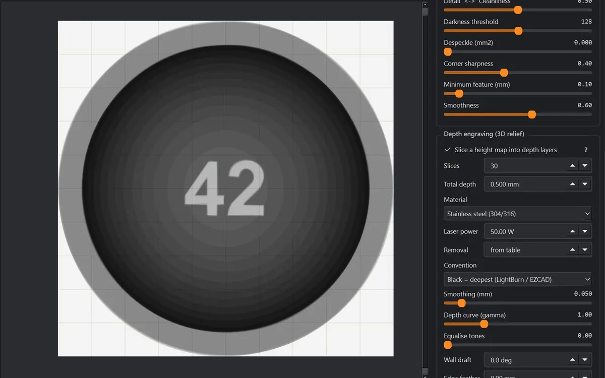 LaserTrace Pro depth view — a coin relief sliced into 30 cumulative depth layers