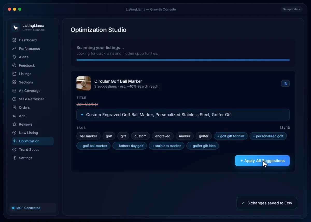 Optimization Studio — AI-rewritten title and all 13 tags ready to apply in one click