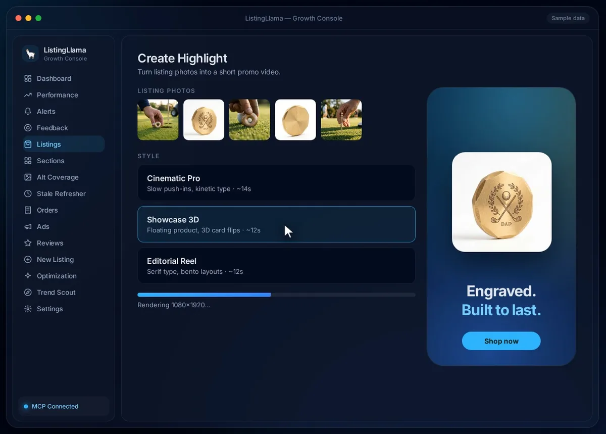 Create Highlight — turning listing photos into a vertical promo video