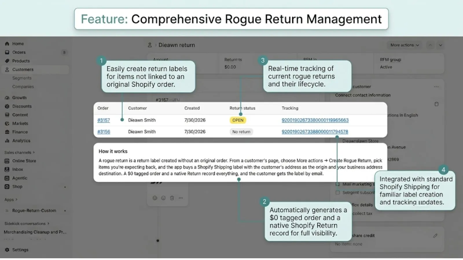 Rogue return list on a customer page — open returns with status and live tracking numbers
